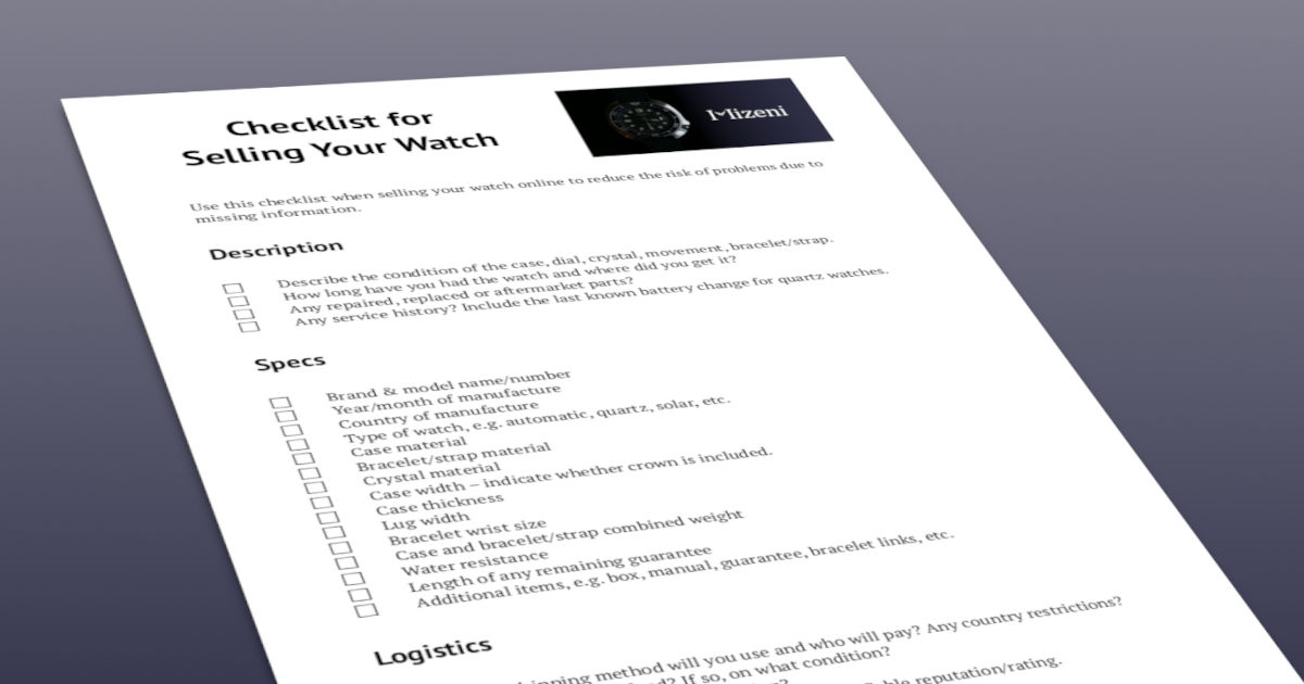Photo of a checklist for use when selling a watch.